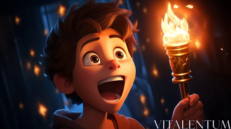 Surprised Young Boy Holding Torch - Cartoon Artwork AI Image