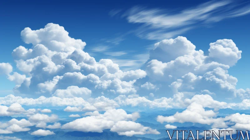 Tranquil Blue Sky with Fluffy Clouds and Mountains AI Image