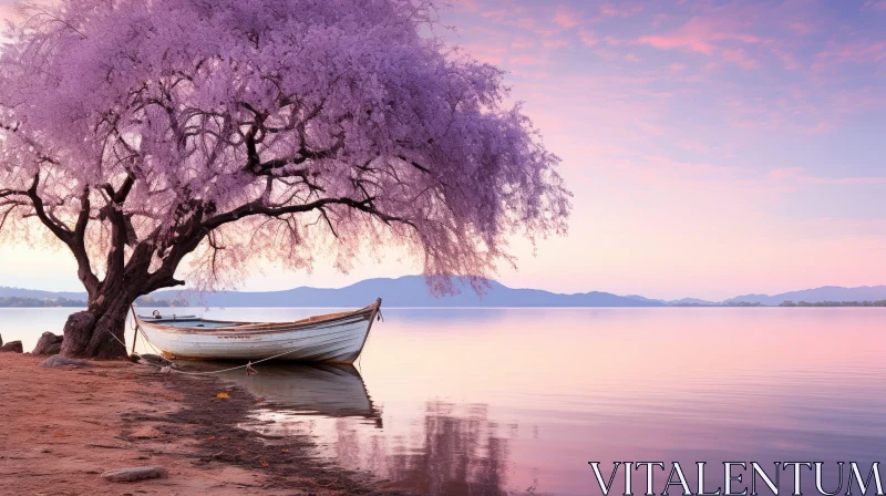 Tranquil Lake Scene with Boat and Tree AI Image