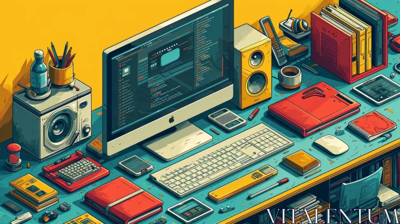 Vibrant Desk with iMac Computer and Colorful Code | Technology Art AI Image