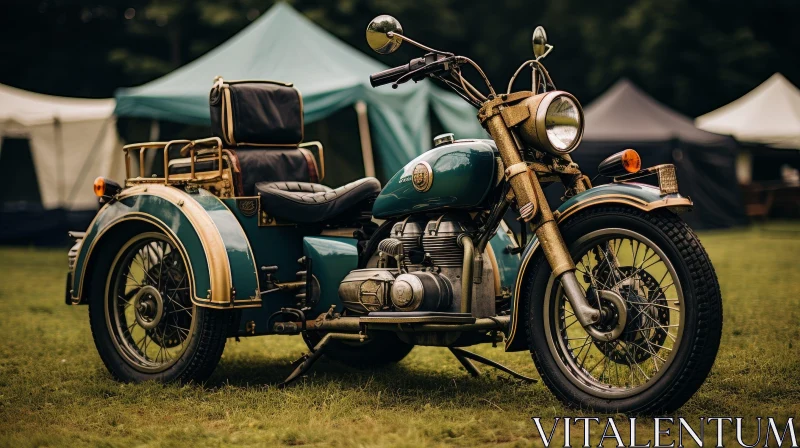 AI ART Vintage Motorcycle with Sidecar on Grass Field