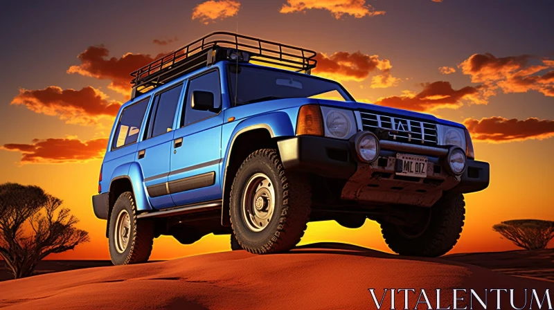 Blue Off-Road Vehicle in Desert at Sunset AI Image