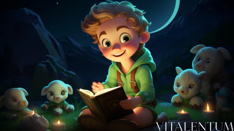 Boy Reading Book in Forest with Rabbits AI Image