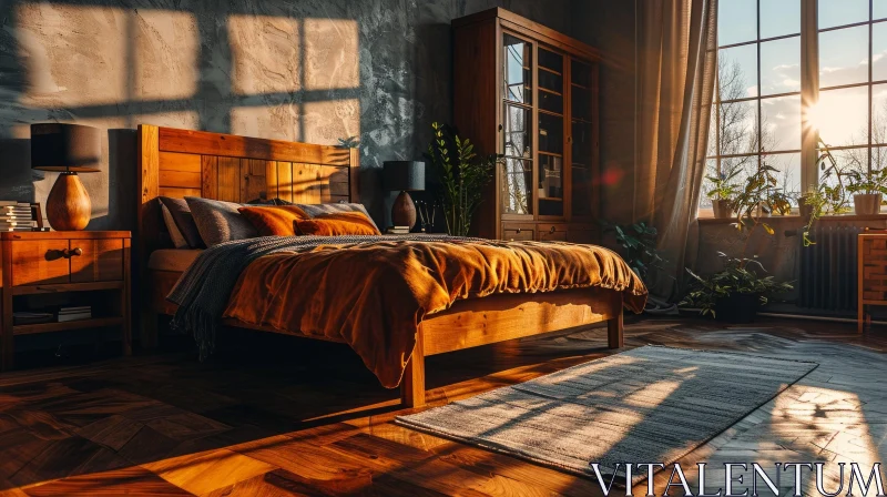 Cozy Bedroom with Wooden Bed, Nightstand, and Dresser | Warm and Inviting AI Image