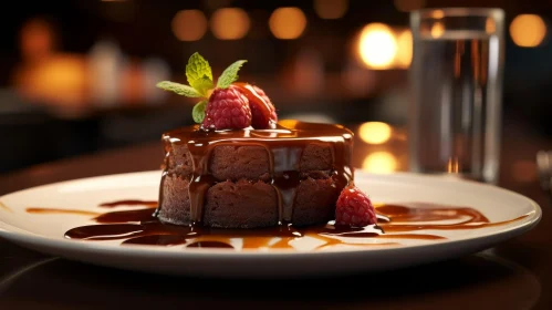 Delicious Chocolate Cake with Raspberries and Chocolate Sauce
