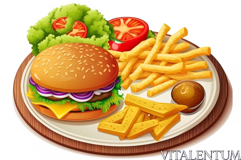 Delicious Hamburger, Crispy Fries, and Fresh Vegetables on a Plate - Highly Detailed Illustrations AI Image