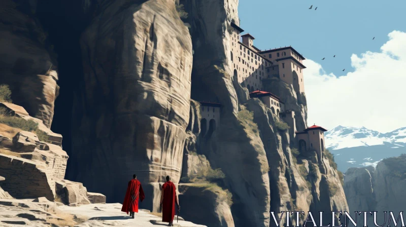 Enigmatic Mountain Encounter: Red Robed Figures and Human Face Rock Formation AI Image