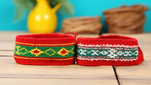 Handmade Red Woven Bracelets on Wooden Table