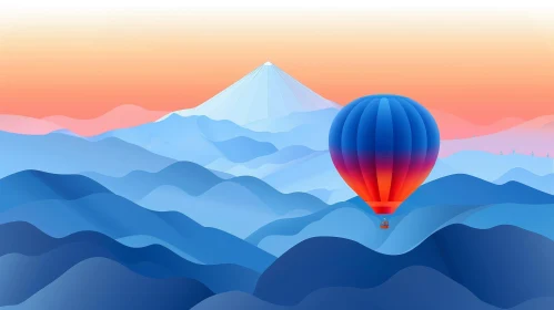 Hot Air Balloon Flying Over Mountain Range - Digital Painting