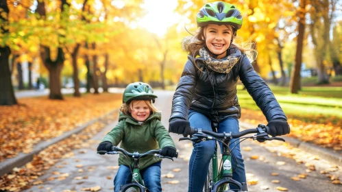 Joyful Children Riding Bicycles in Autumn Park