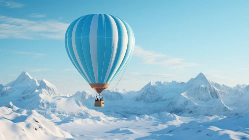 Majestic 3D Rendering of Hot Air Balloon Over Snowy Mountain Landscape