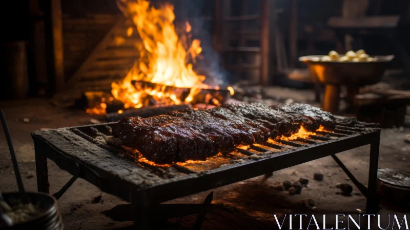 Sizzling Meat on Grill Over Open Fire AI Image