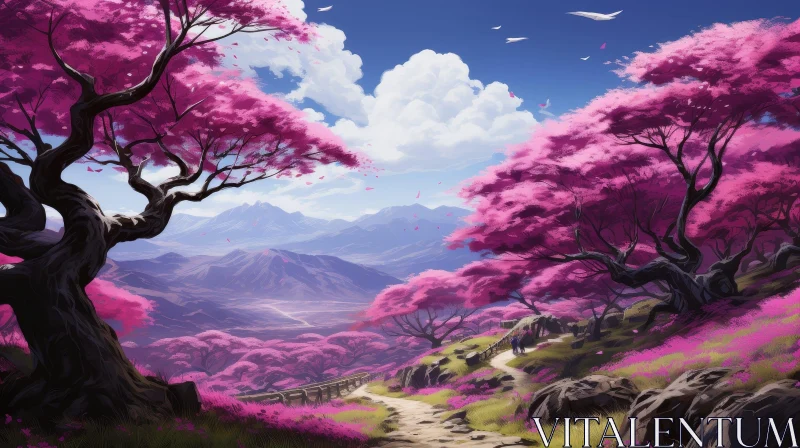 Spring Mountain Valley Cherry Blossom Landscape AI Image