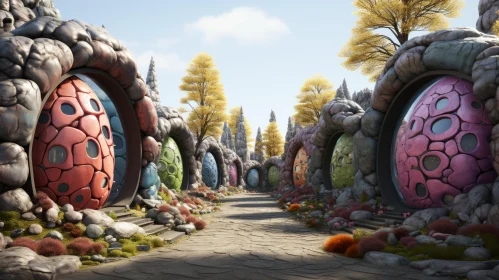 Surreal Forest Path with Colorful Sculptures and Creatures