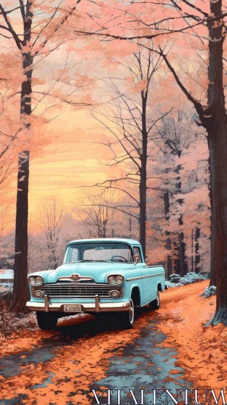 Tranquil Forest Painting with Blue Pickup Truck AI Image