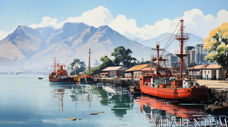 AI ART Tranquil Harbor Scene with Ships and Mountains