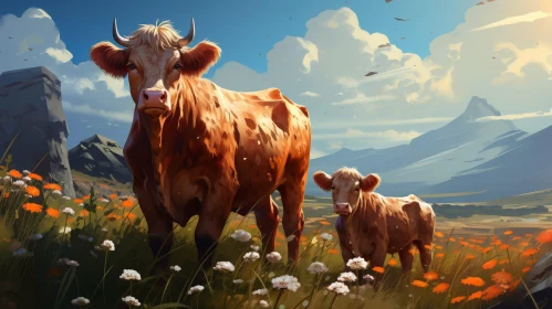 Tranquil Painting of Cow and Calf in Flower Field