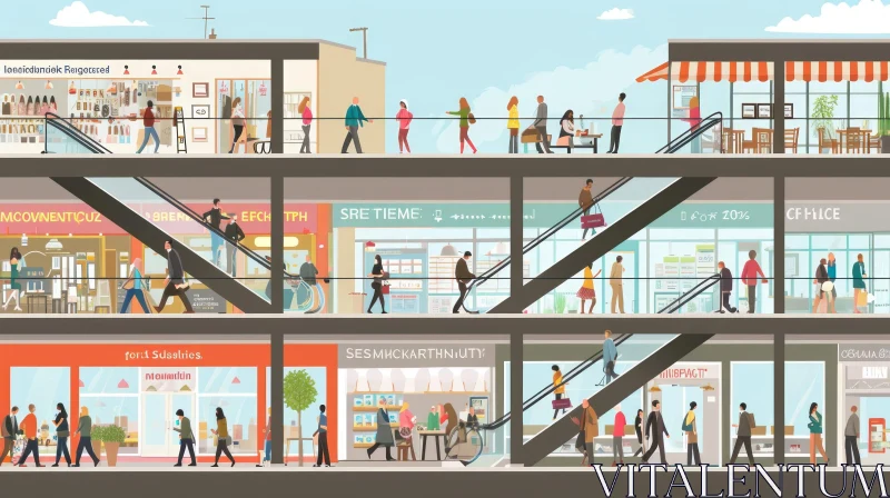 Vibrant Illustration of a Shopping Mall with Multiple Floors and Stores AI Image