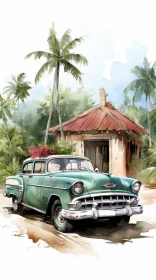 Vintage Watercolor Painting of Chevrolet Bel Air and House