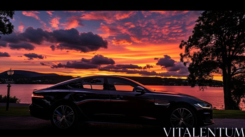 Black Jaguar Car Parked by Tranquil Water at Sunset AI Image