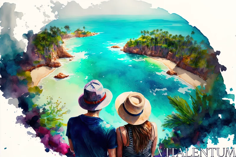 Captivating Watercolor Painting of a Couple at the Beach | Digital Fantasy Landscapes AI Image