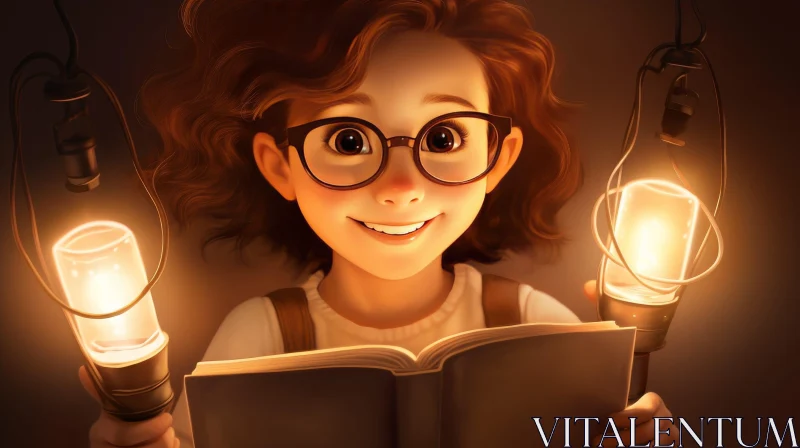 AI ART Charming Girl Reading a Book - Cartoon Illustration