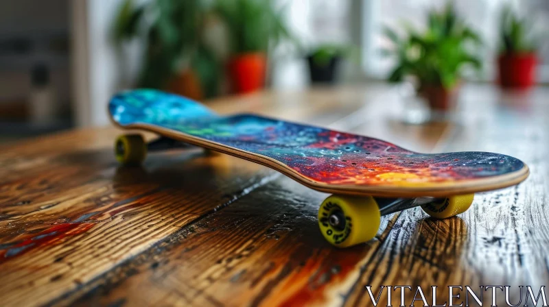 Colorful Galaxy Design Skateboard on Wooden Table AI Image