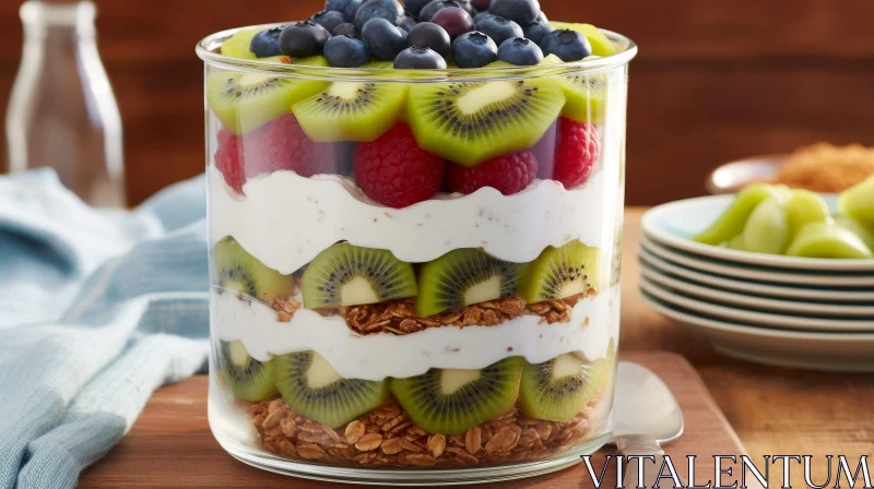 AI ART Colorful Parfait with Kiwi, Raspberries, Blueberries, and Yogurt