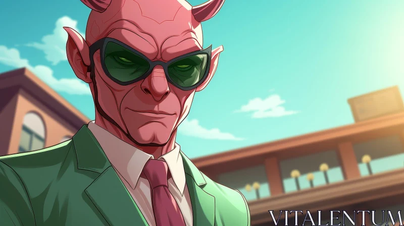 Confident Red Devil Cartoon in Green Suit and Sunglasses AI Image
