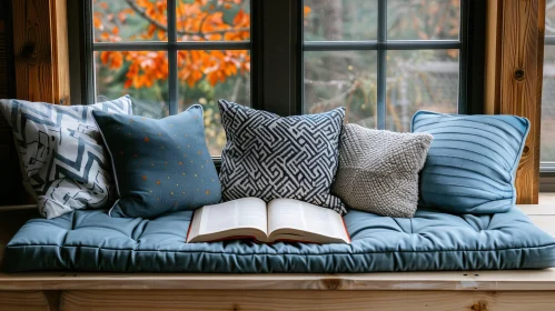 Cozy Window Seat with Forest View - Book and Pillows