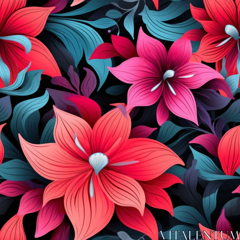 AI ART Dark Blue Floral Seamless Pattern - Tropical Design
