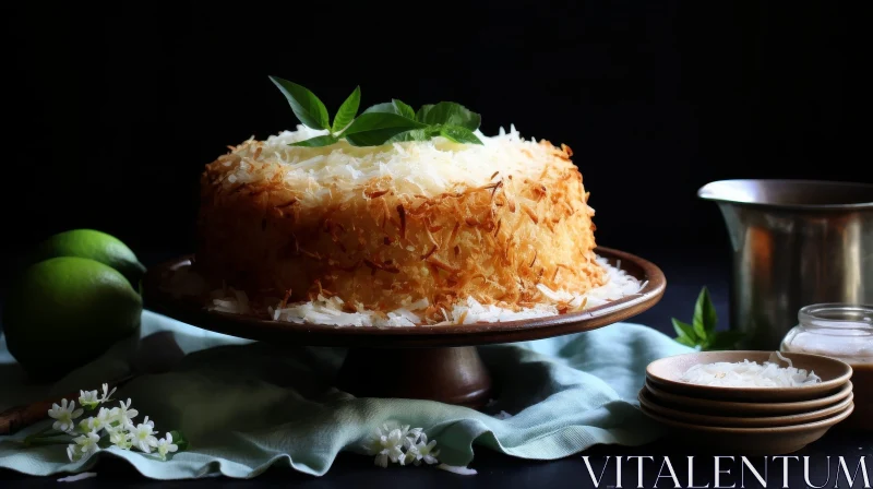 Delicious Coconut Cake on Wooden Stand with Milk and Lime AI Image