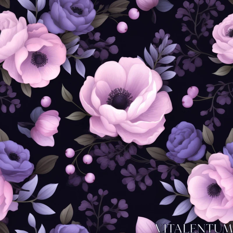 Elegant Floral Pattern in Pink and Purple on Dark Background AI Image