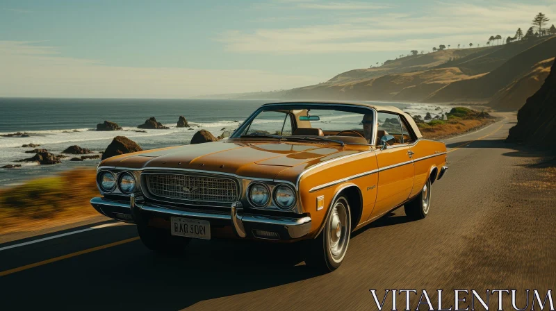 AI ART Golden Brown American Muscle Car on Coastal Highway