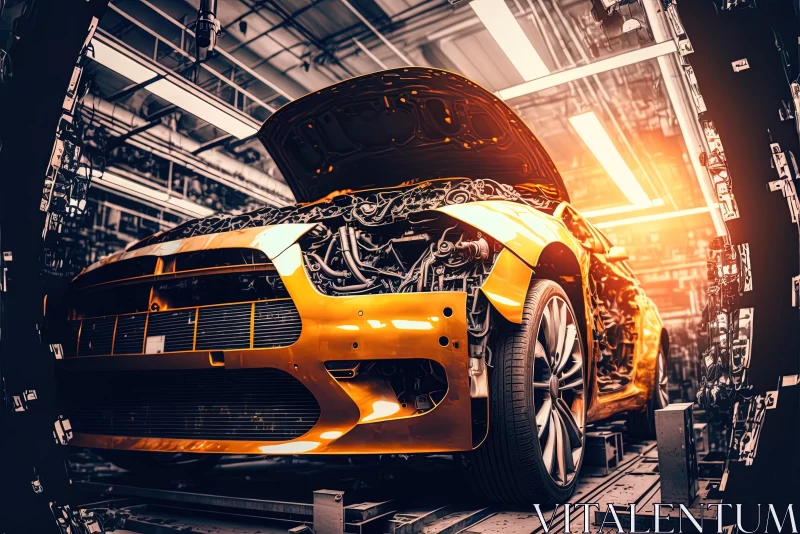 Golden Light: A Multilayered Perspective of an Orange Car Inside a Factory AI Image