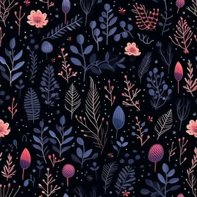 Hand-Drawn Plants and Flowers Seamless Pattern - Dark Background