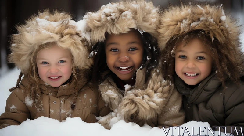 Joyful Children in Winter Forest AI Image