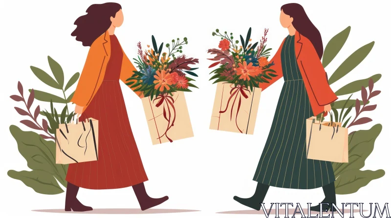 Joyful Encounter: Two Women with Bouquets of Flowers AI Image