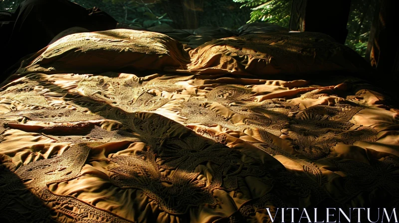 Luxurious Golden Silk Bedspread in a Dark Room AI Image