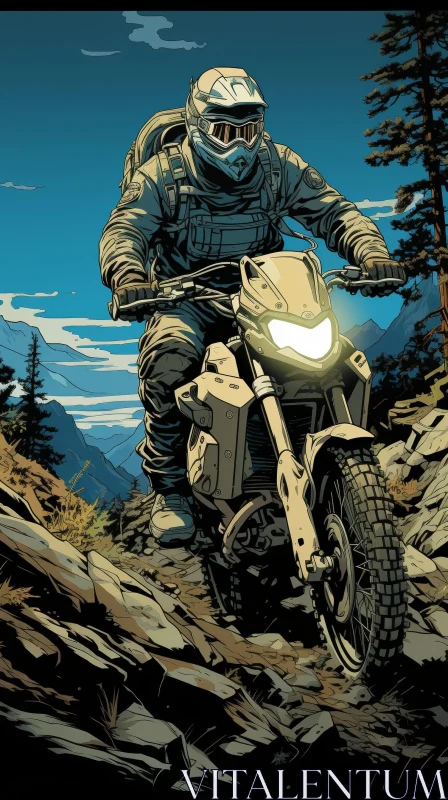 Man Riding Motorcycle on Rocky Mountain Trail AI Image