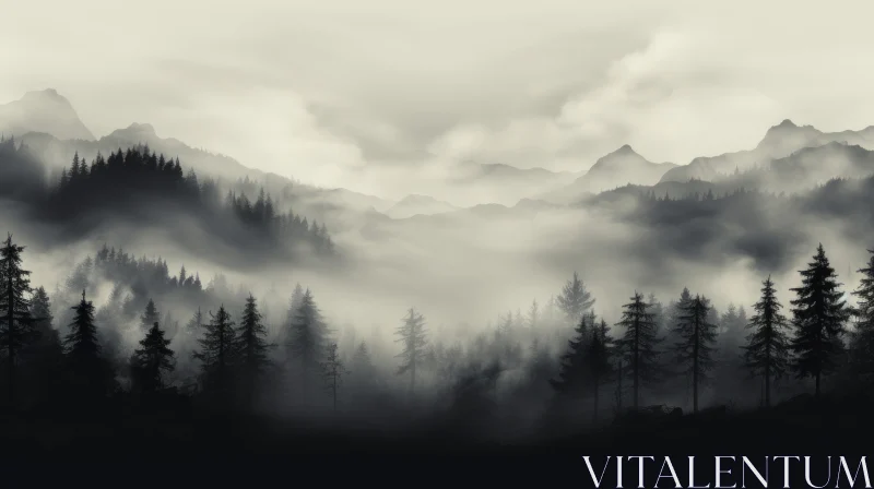 Mystical Black and White Forest Landscape with Mountains AI Image