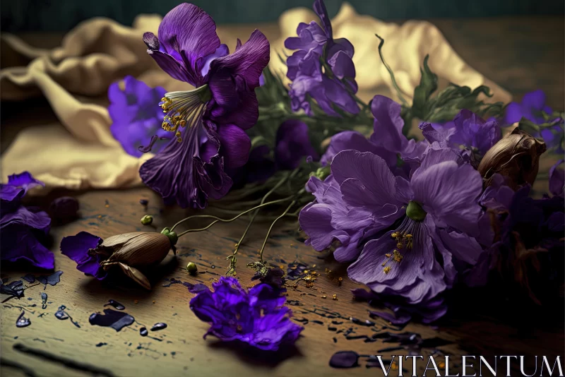 Purple Flowers on Wooden Platter - Surrealistic Photorealistic Still Life AI Image