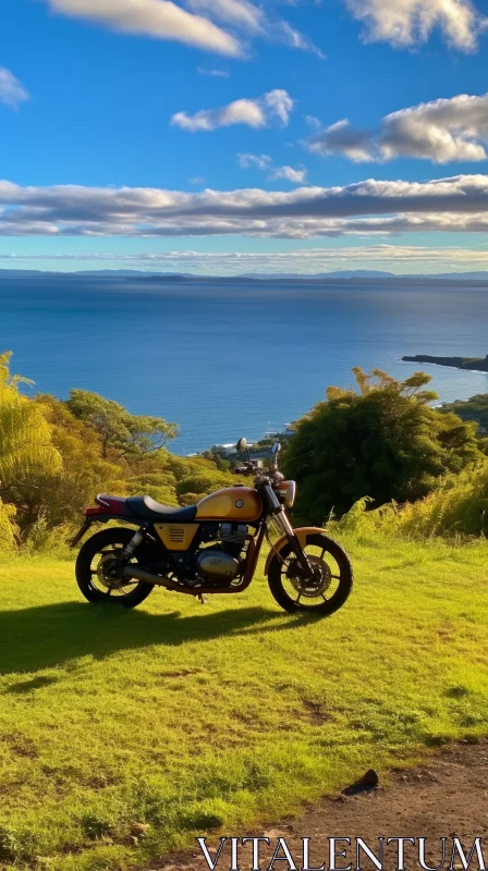 Scenic Royal Enfield Classic 500 Motorcycle Overlooking Ocean AI Image
