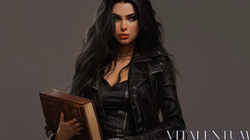 Serious Young Woman with Book in Black Jacket AI Image