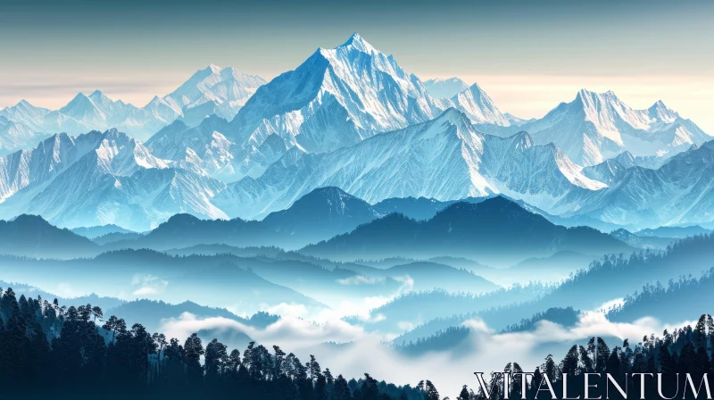 AI ART Snow-Capped Mountain Range Serenity