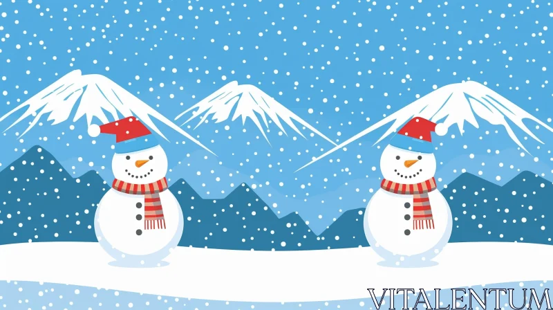 Snowmen Cartoon in Winter Landscape AI Image
