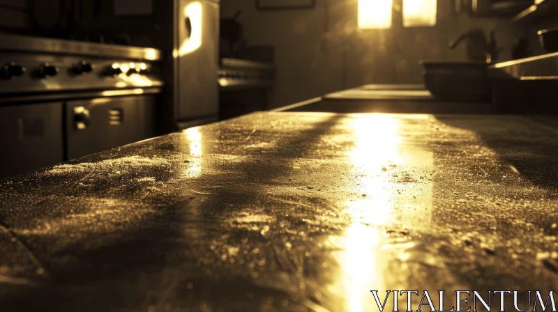 AI ART Stainless Steel Kitchen Counter with Flour | Warm Golden Light