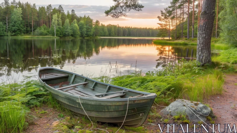 Tranquil Lake Scene with Green Boat at Sunset AI Image