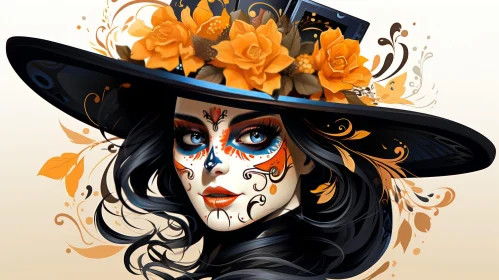 Young Woman Portrait with Mexican Sugar Skull Face Paint