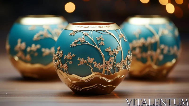 AI ART Blue and Gold 3D Floral Vase Art